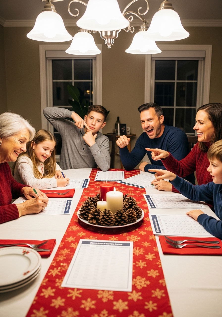 Multi-generational family playing Christmas Think Fast game together at dining table showing grandparents, parents, and children enjoying holiday activity