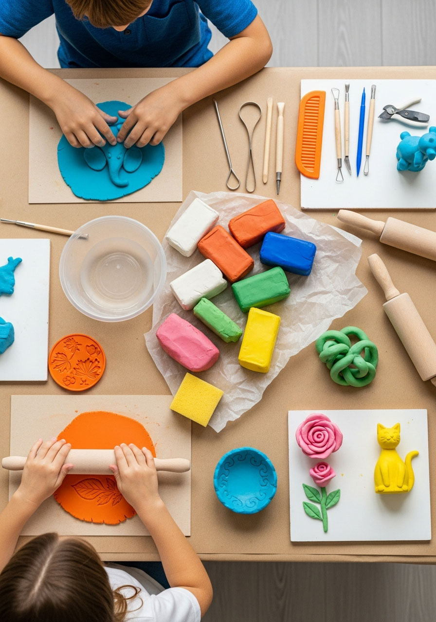 Overhead view of children sculpting colorful air-dry clay into animals and shapes at craft table
