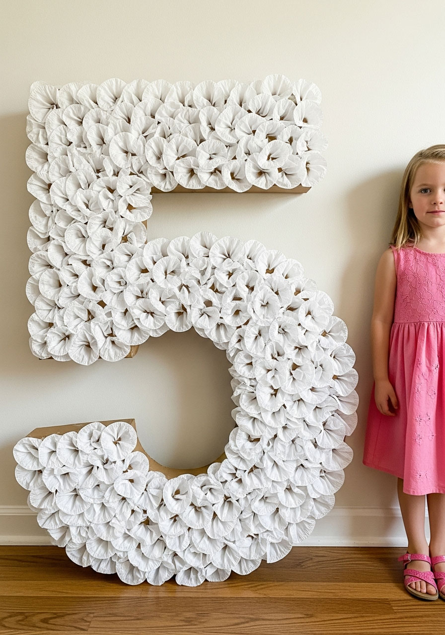 Giant number 5 covered with ruffled white coffee filters creating textured effect - DIY milestone birthday party decoration idea