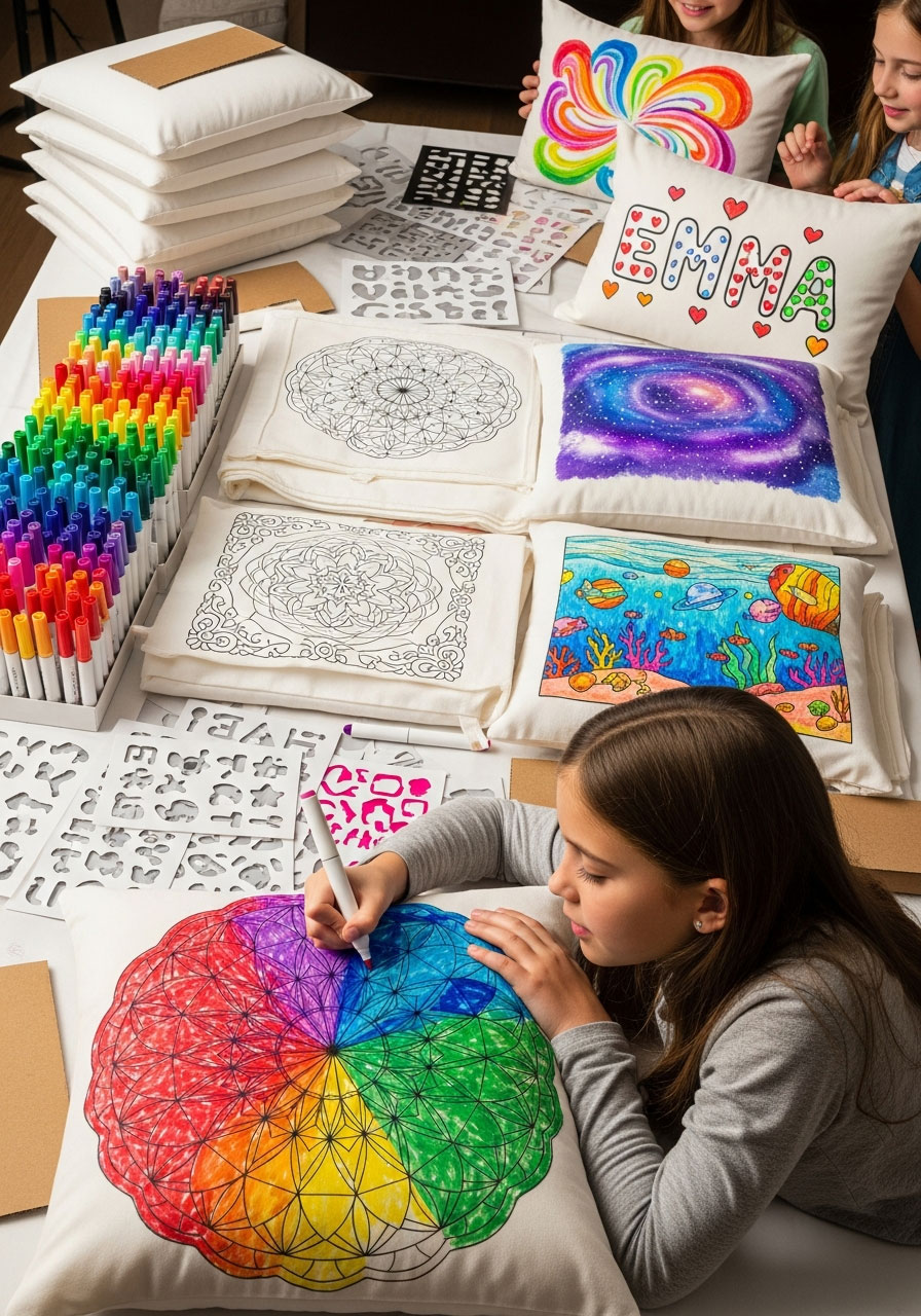 Girl coloring mandala design pillowcase with fabric markers at birthday slumber party with completed pillowcase examples