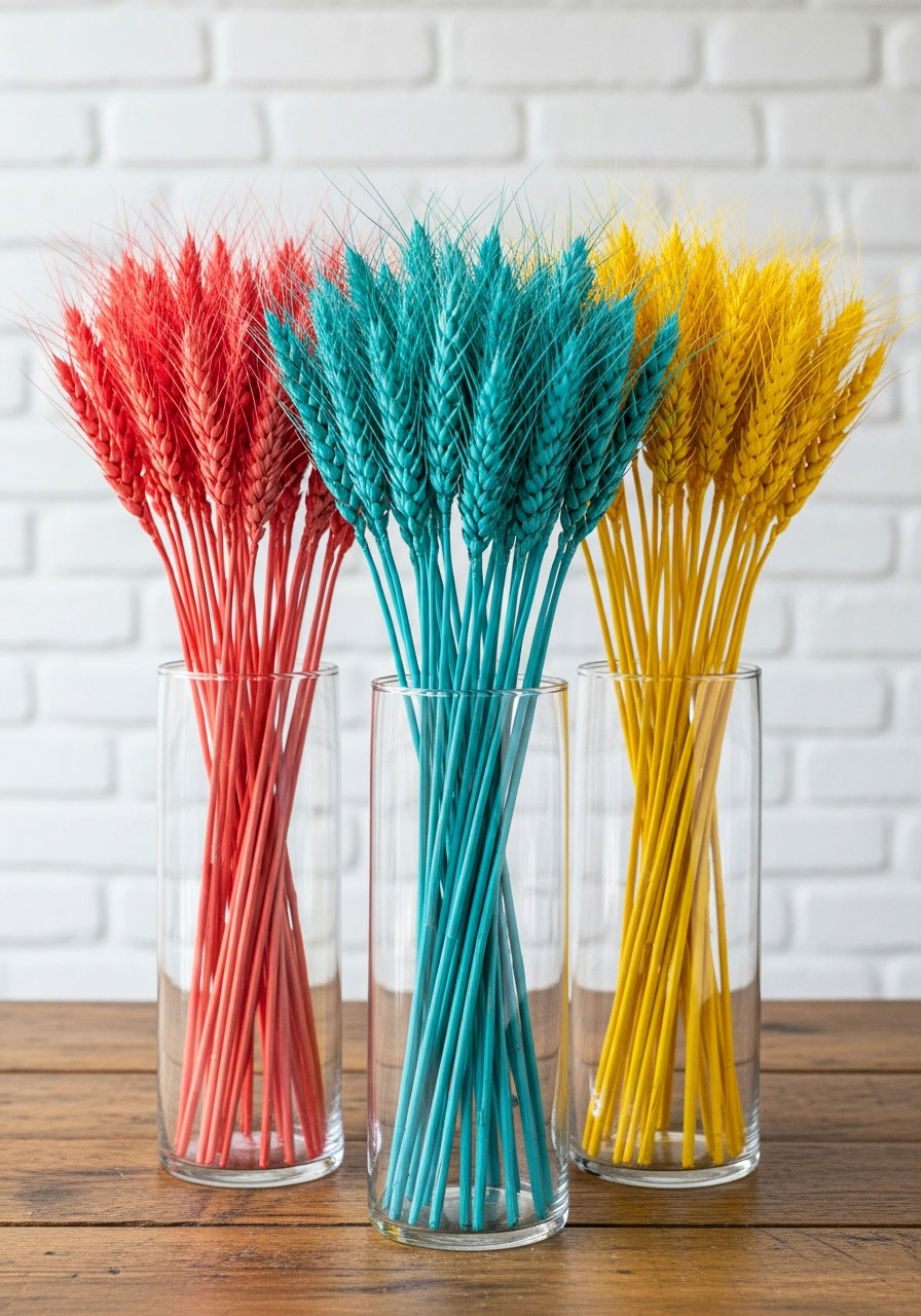 Dried wheat stalks with painted coral, turquoise and yellow stems in glass vases - trendy DIY birthday party centerpiece