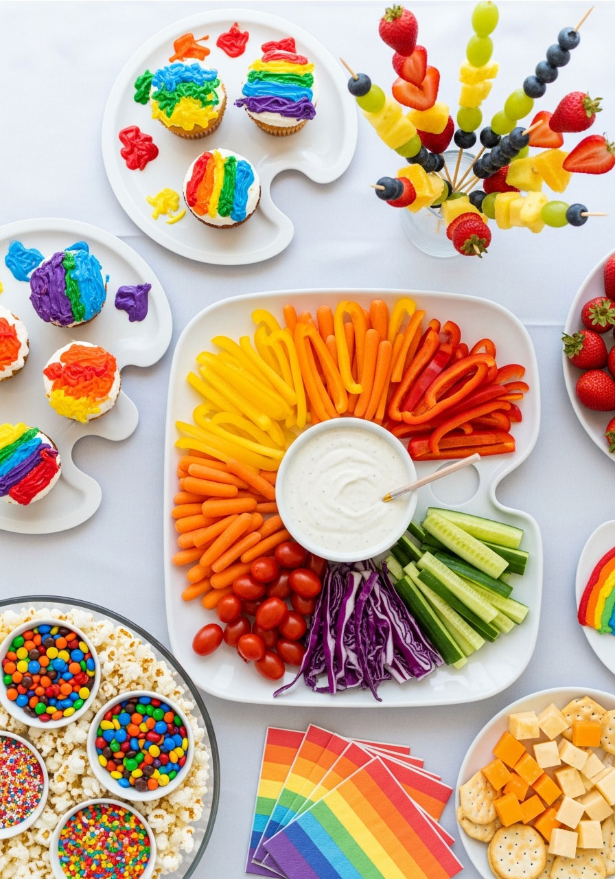 Colorful art-themed party snack table with rainbow fruit skewers, veggie paint palette platter, and decorated cupcakes