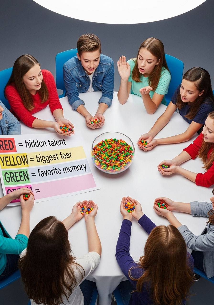 Teenagers playing colorful facts birthday game with Skittles candy and color key at table