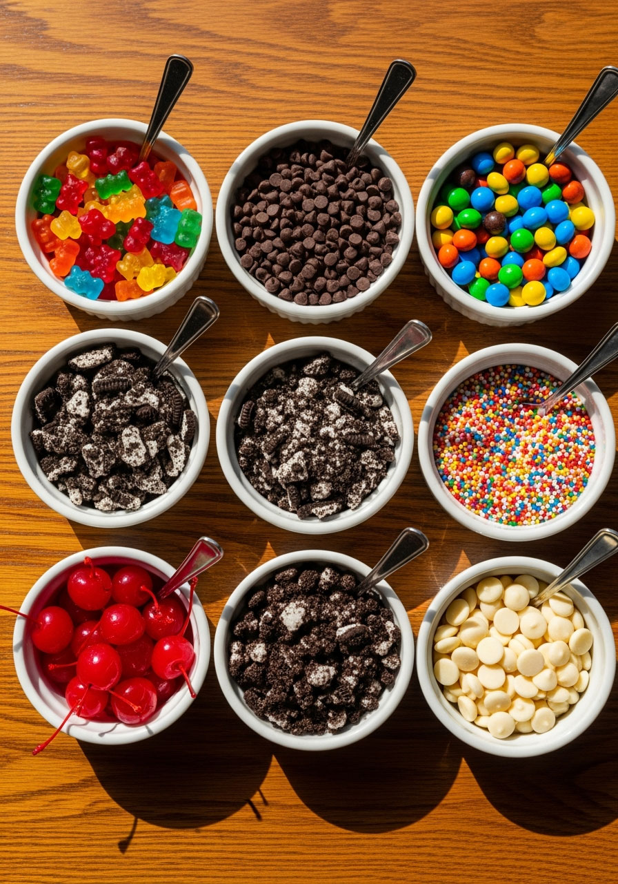 Variety of colorful ice cream toppings in white bowls including gummy bears, M&Ms, sprinkles, and chocolate chips for birthday party ice cream bar
