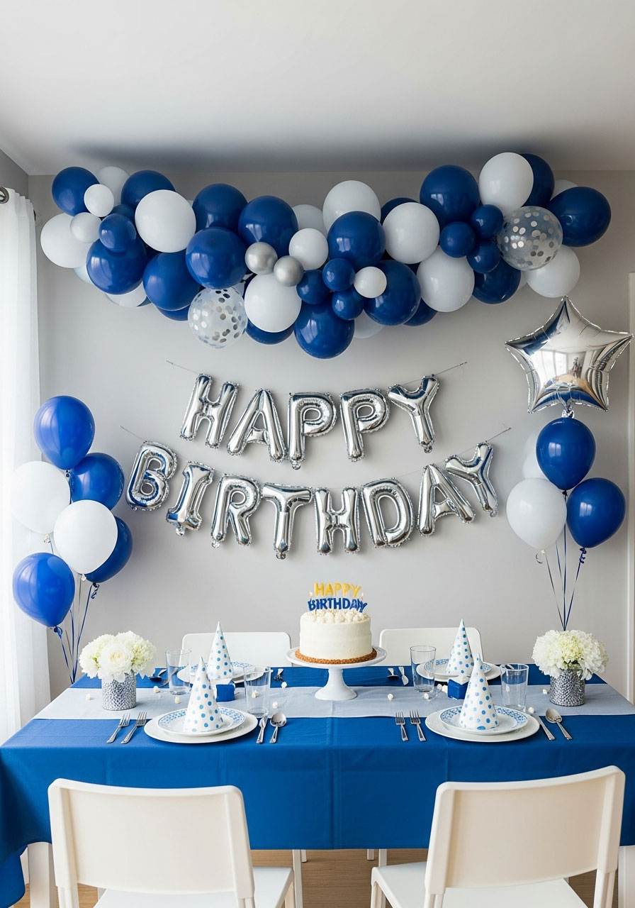 Complete birthday party setup with DIY balloon garland hanging above decorated table with cake and place settings