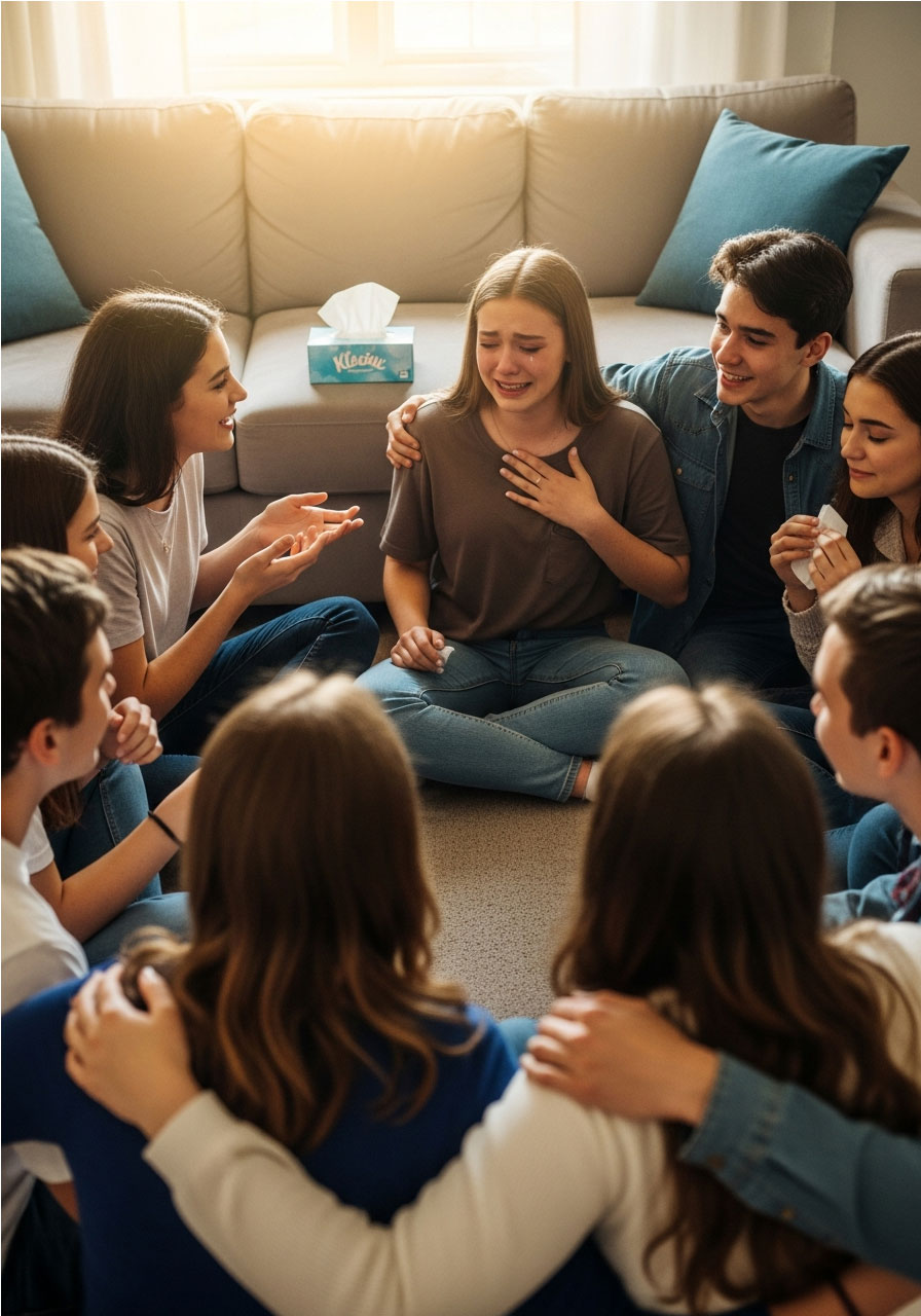 Emotional compliment circle with birthday teen receiving heartfelt words from friends at Sweet 16