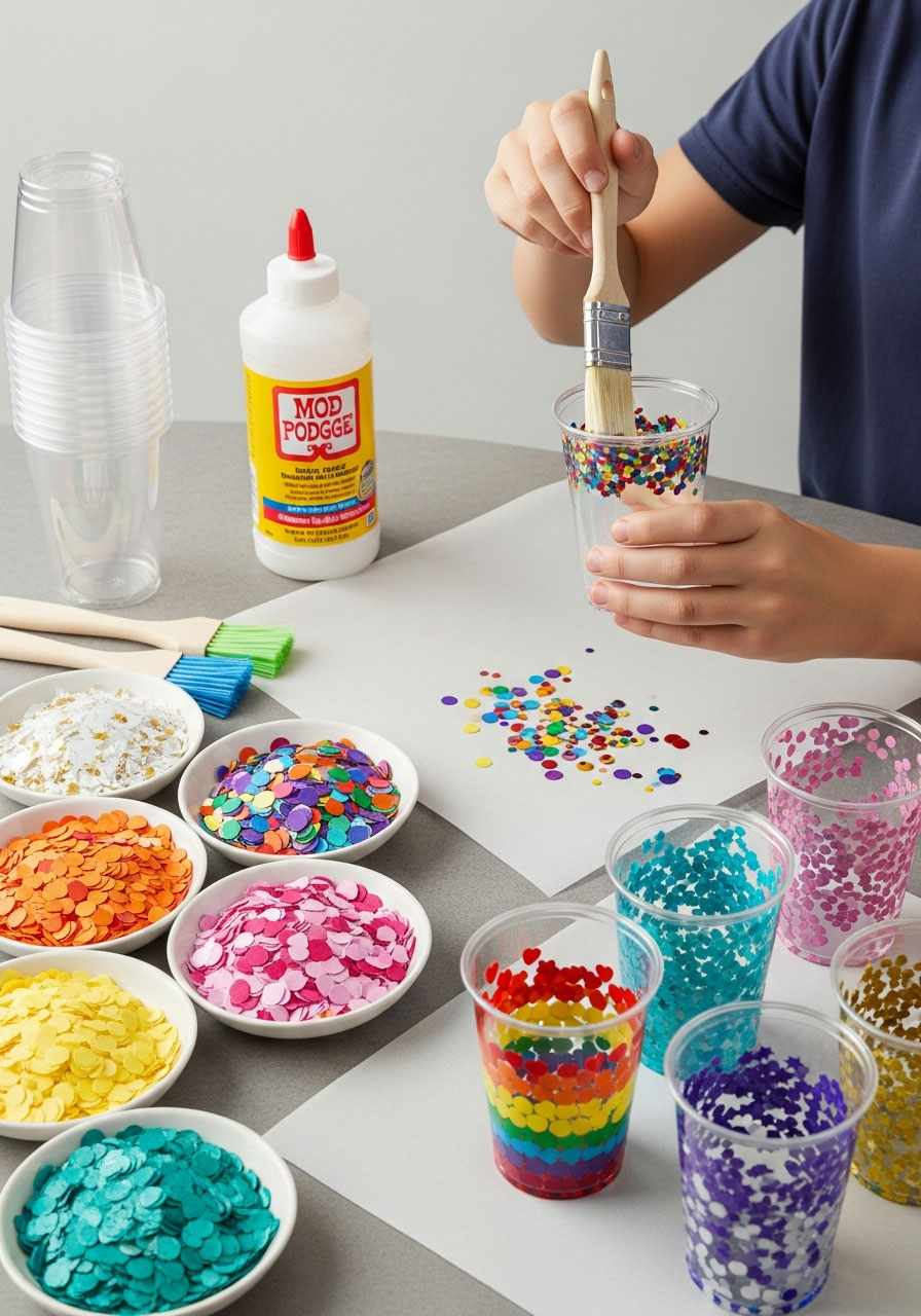 Tweens decorating confetti-dipped party cups with colorful biodegradable confetti at birthday celebration