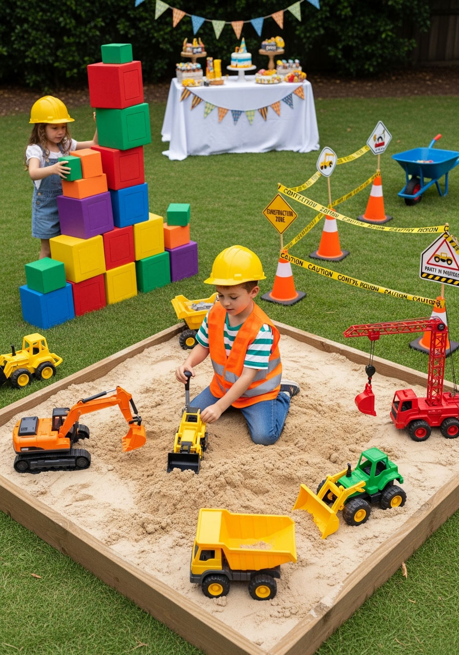 Children wearing hard hats playing with construction trucks in sandbox and building blocks at construction zone birthday party