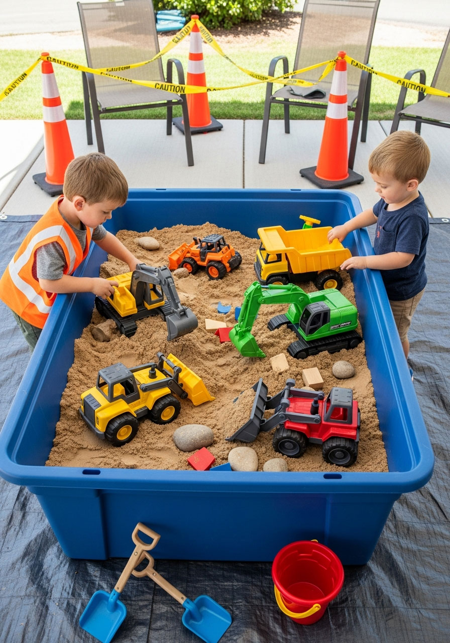 Boys playing with toy construction vehicles in sand table excavation station at birthday party