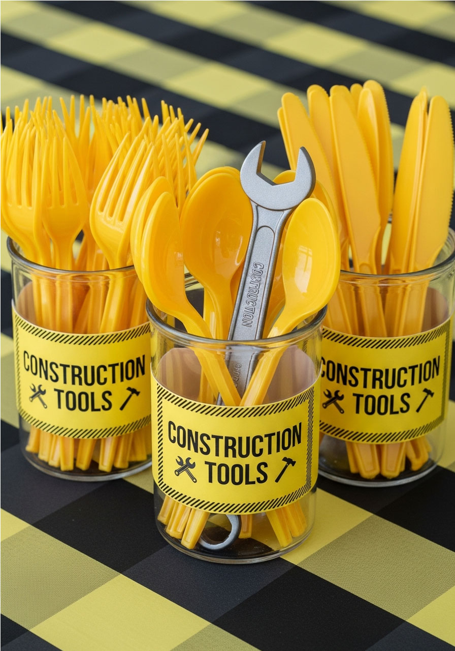 Yellow plastic utensils arranged in clear canisters labeled Construction Tools with toy wrench on construction birthday party table