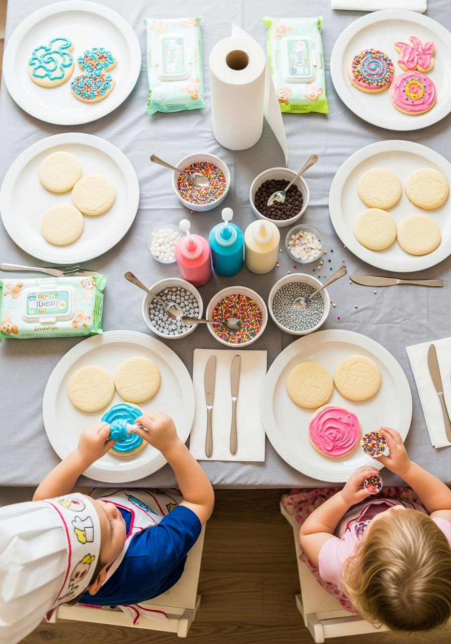 Toddlers in chef hats decorating sugar cookies with frosting and sprinkles at birthday party