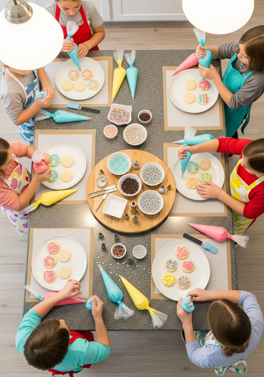 Cookie decorating baking birthday party with individual stations, frosting bags, toppings, and kids creating designs
