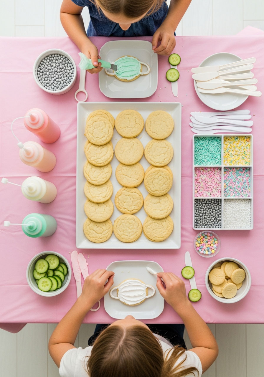 Overhead view of spa-themed cookie decorating station with frosting and toppings for kids