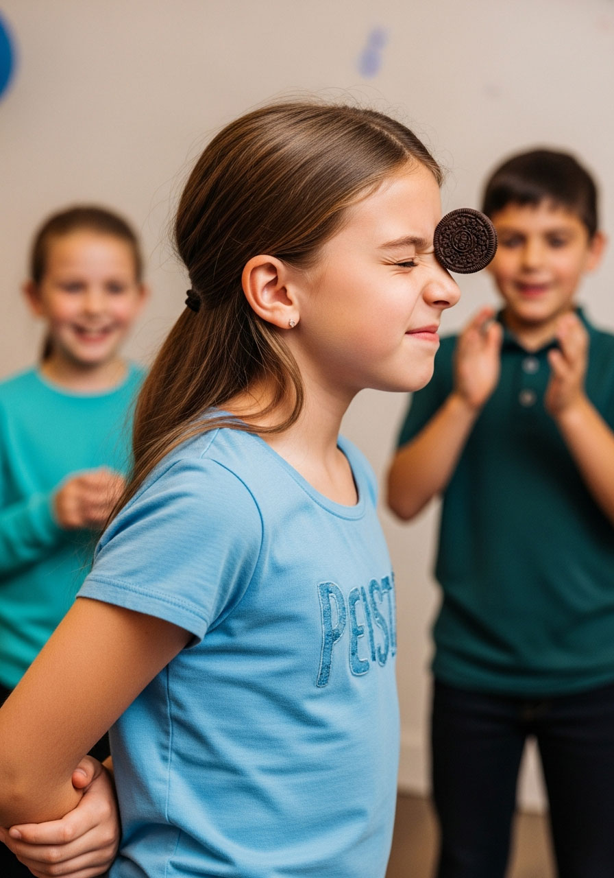 Close-up of 10-year-old doing Cookie Face Challenge with Oreo balanced on forehead sliding down face