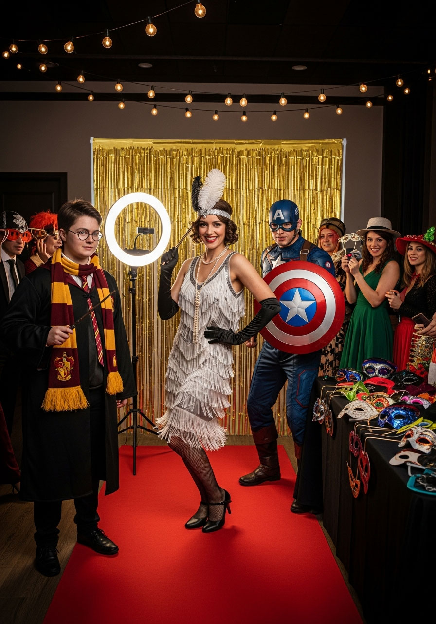 Costume birthday party red carpet entrance with guests in creative costumes including Harry Potter, flapper, and superhero themes with photo booth backdrop