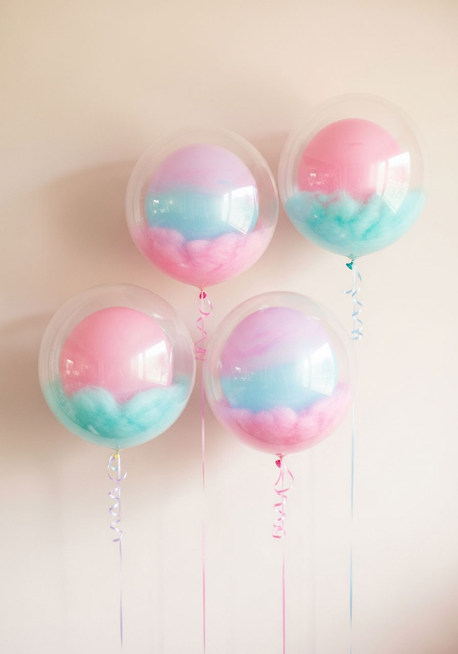 DIY cotton candy cloud balloons with fiberfill inside clear balloons - whimsical carnival birthday party decoration
