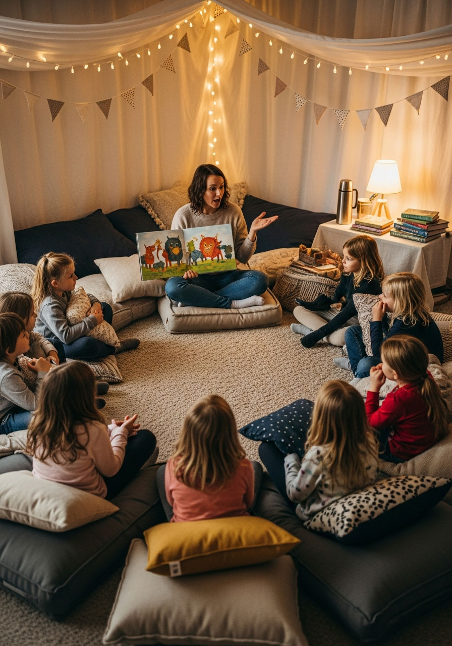 Cozy storytelling circle birthday party with cushions, string light canopy, books, and children listening to tales