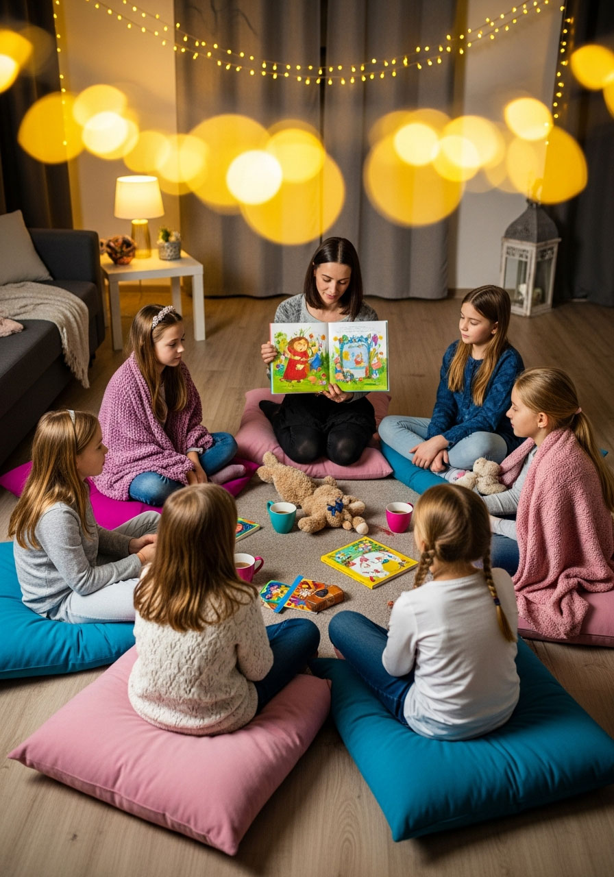 Girls sitting in cozy circle with blankets and pillows during storytelling time at birthday party