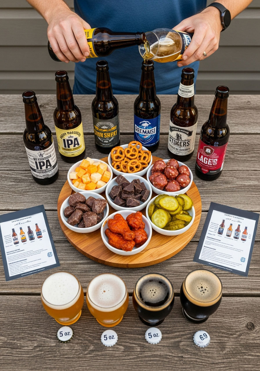 Craft beer tasting party with multiple beer styles, pairing foods including cheese and charcuterie, and tasting glasses for adult birthday celebration