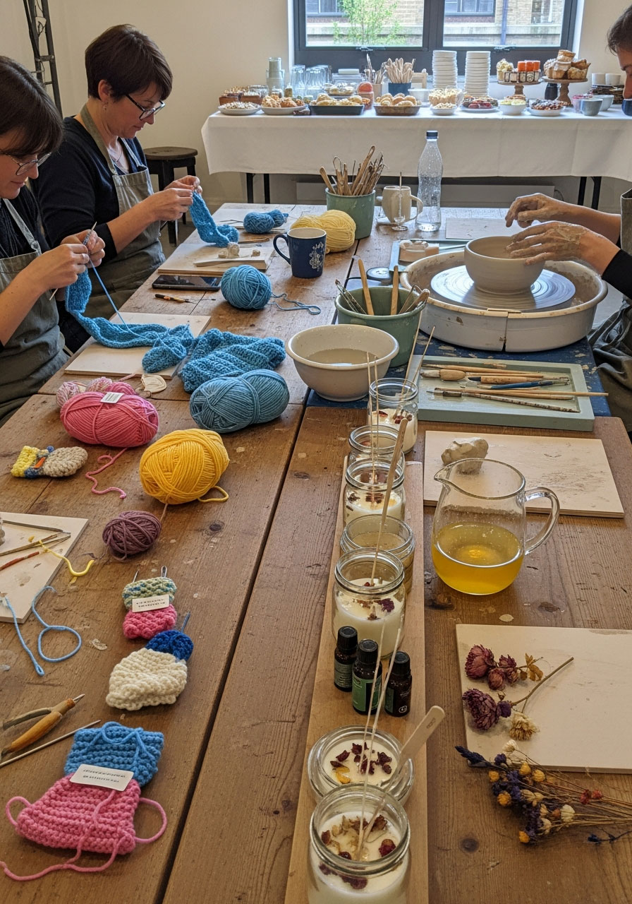 Crafts day birthday party showing multiple craft stations including knitting, pottery, and candle making with participants creating projects together