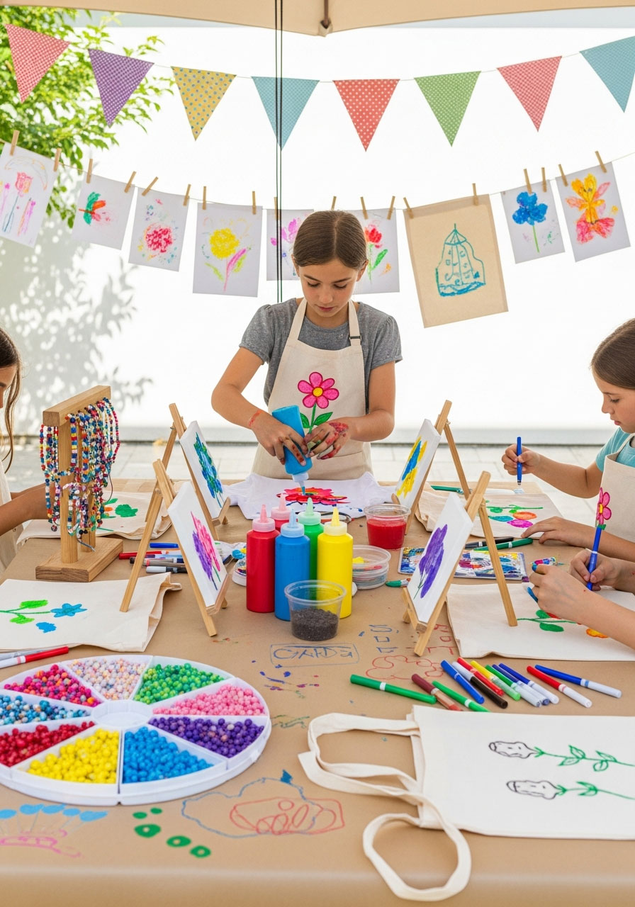 Kids doing arts and crafts at outdoor birthday party with multiple craft stations including painting and decorating tote bags