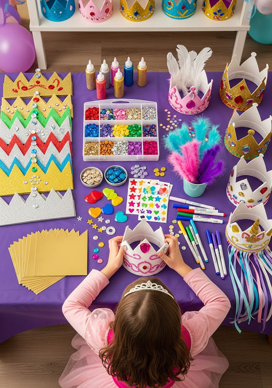 Girl decorating foam crown with adhesive gems and glitter at royal themed birthday party craft station