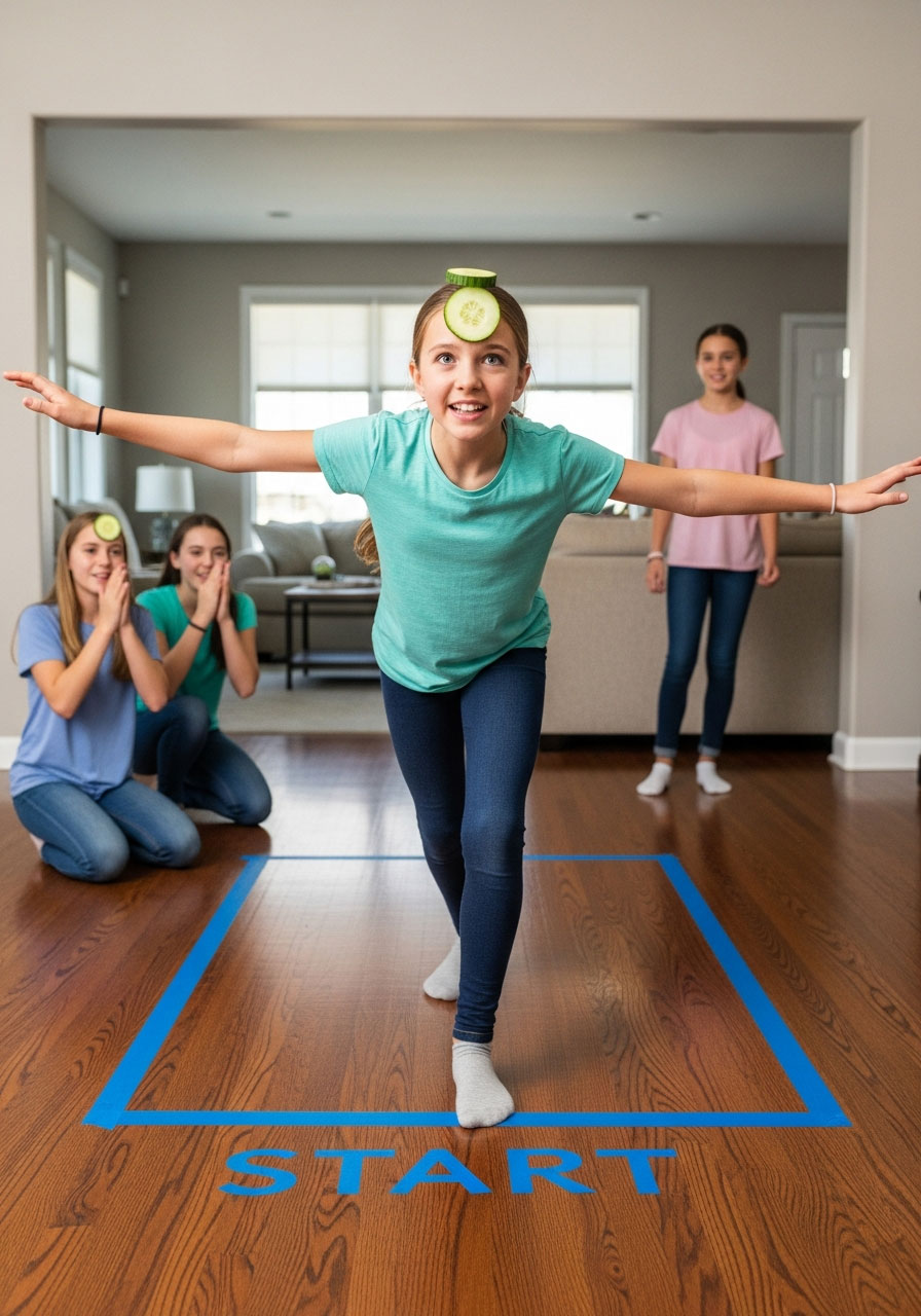 Girl balancing cucumber slice on forehead during relay race at spa birthday party game