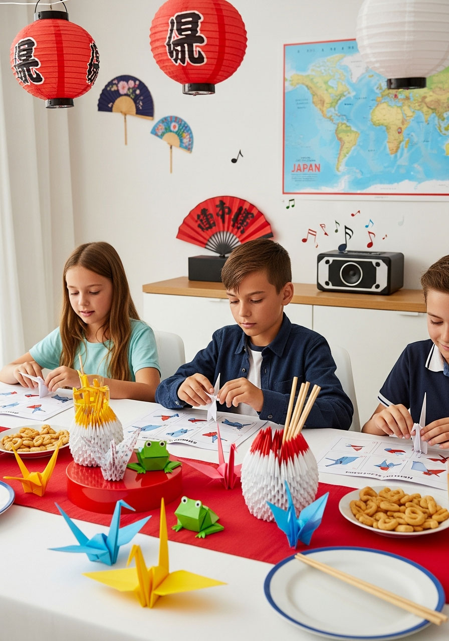Children learning origami at Japanese-themed cultural celebration indoor birthday party