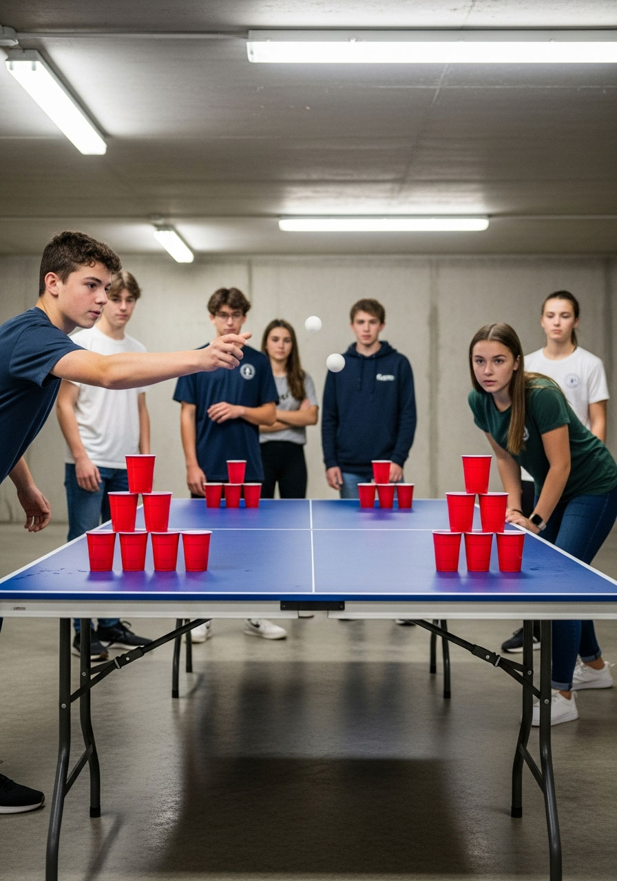 Tweens playing cup pong tournament with ping pong ball mid-flight toward red Solo cups at birthday party