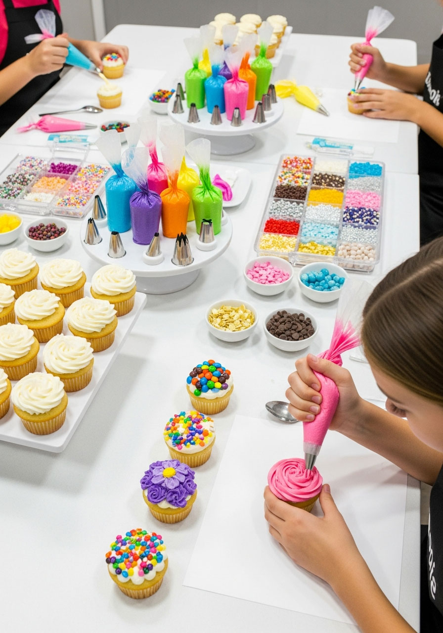 Girl piping pink frosting on cupcake at decorating station with colorful sprinkles and toppings