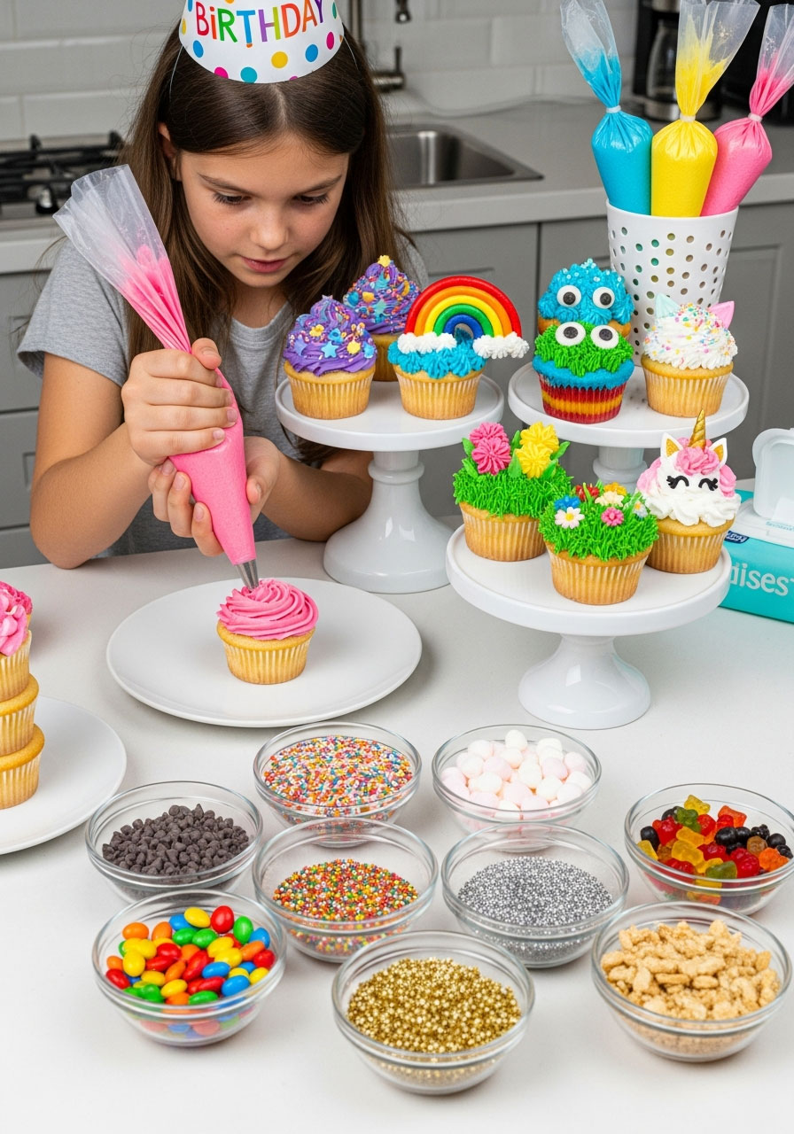 Child decorating cupcake with pink frosting at birthday party with toppings bar and creative decorated cupcake examples displayed