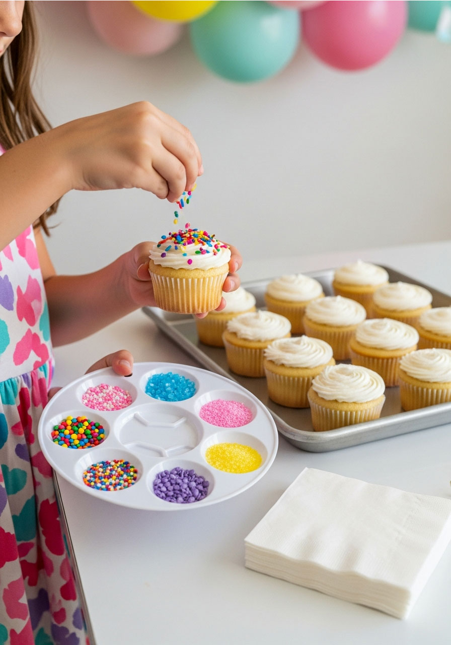 Kids decorating vanilla cupcakes with colorful sprinkles in paint palettes at art birthday party celebration