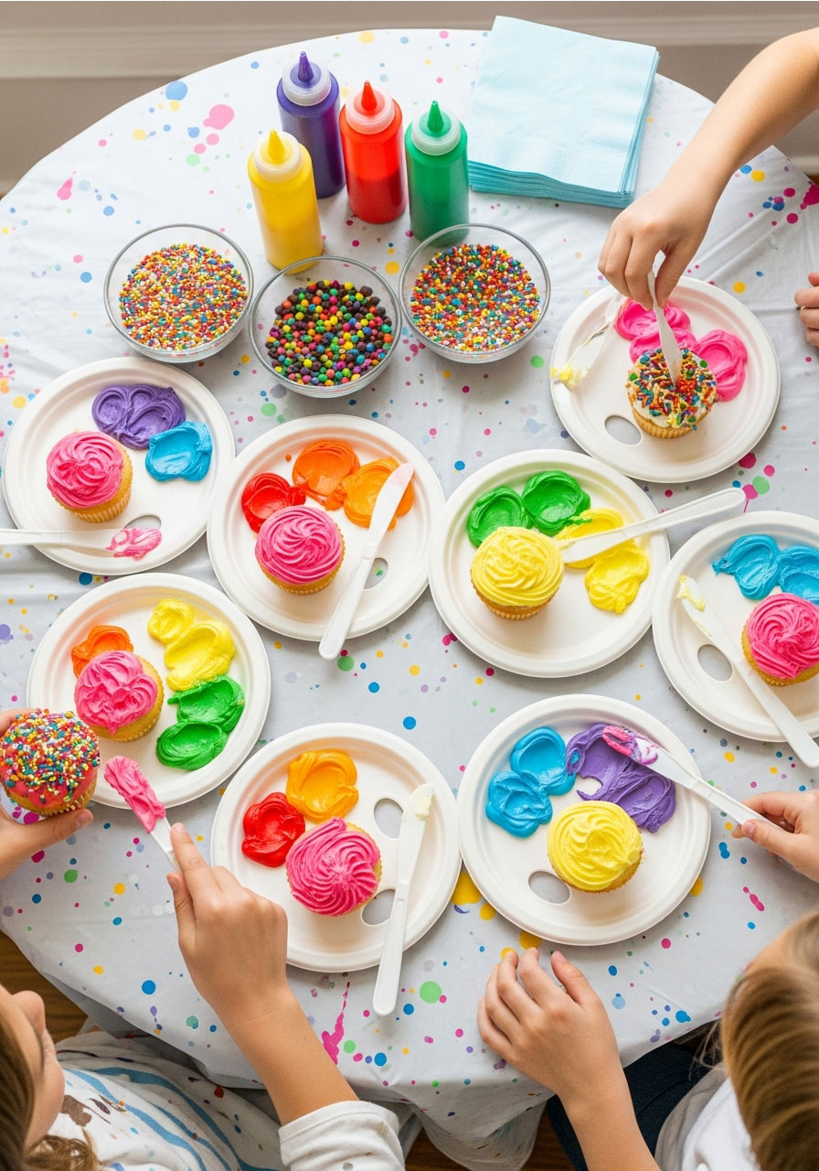 Kids decorating cupcakes with rainbow frosting and sprinkles on paint palette plates at art-themed birthday party