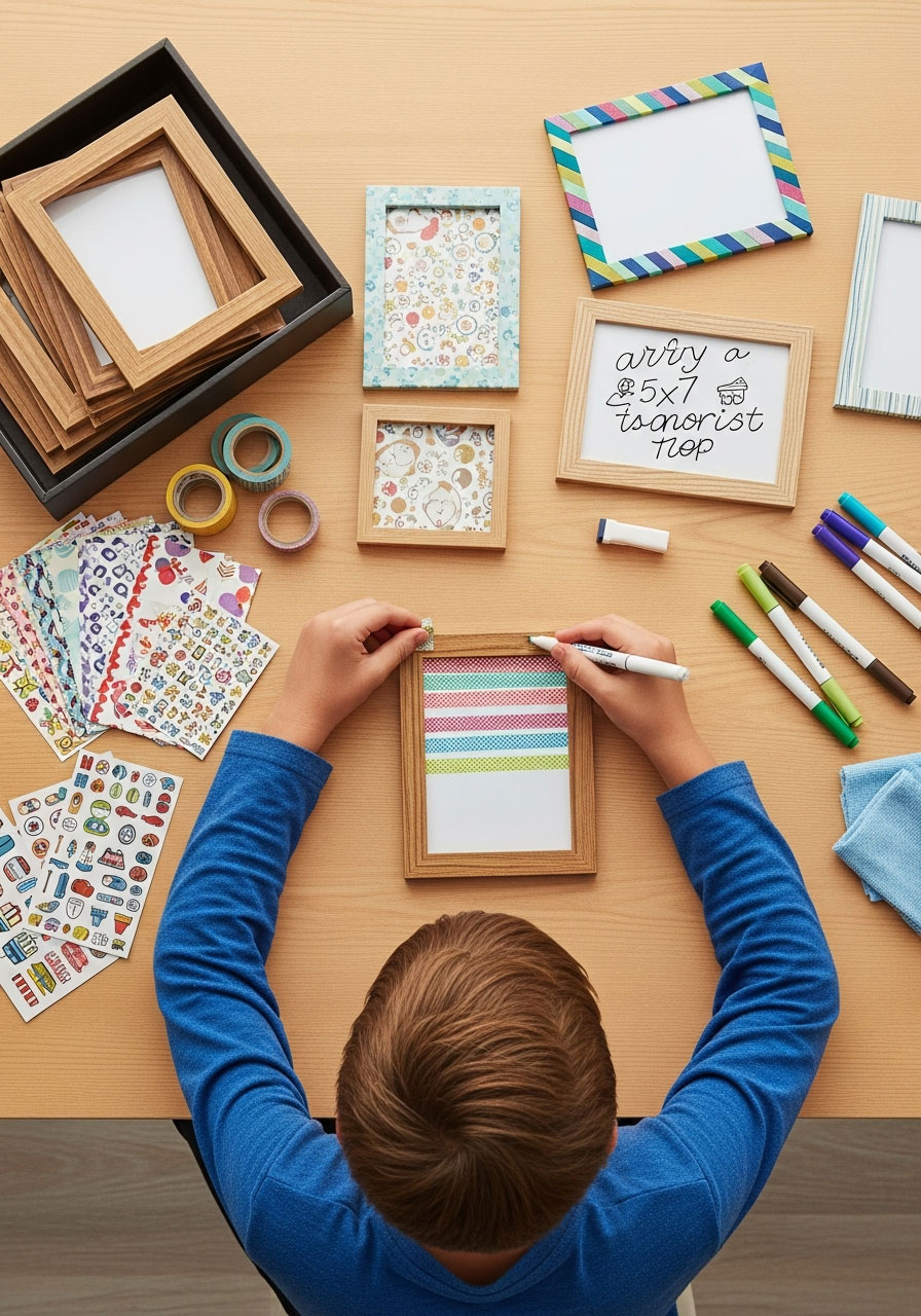 Tween decorating custom dry erase board with washi tape and patterned paper at birthday party craft station