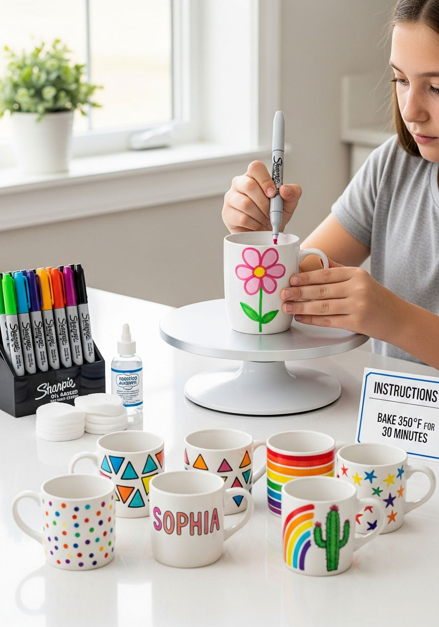 Tween decorating white ceramic mug with permanent markers as personalized party favor at birthday craft station