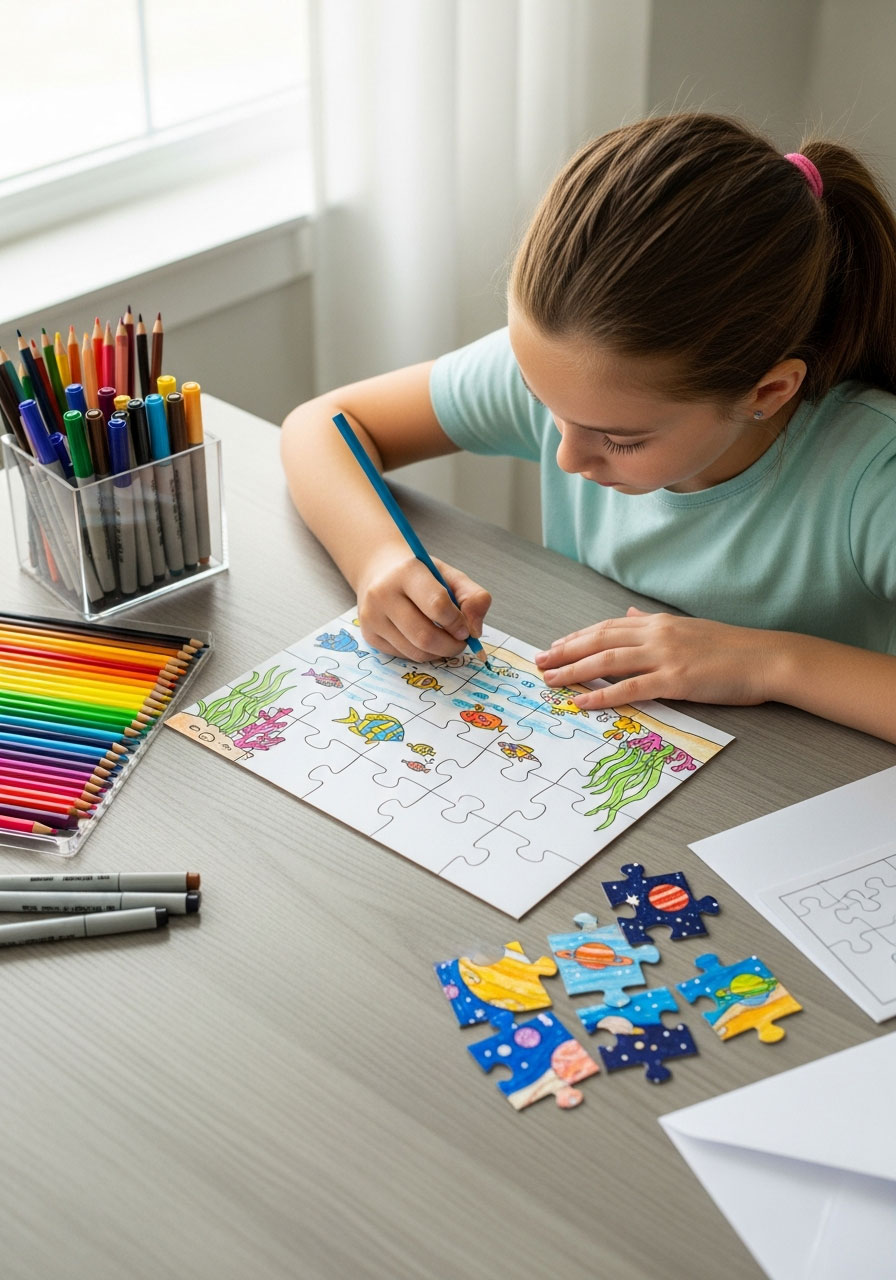 Child drawing colorful underwater scene on blank puzzle template at birthday craft table