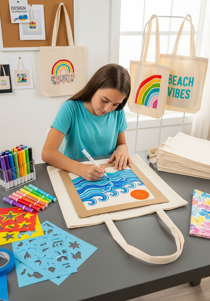 Girl drawing ocean design on canvas tote bag with fabric markers at birthday craft studio