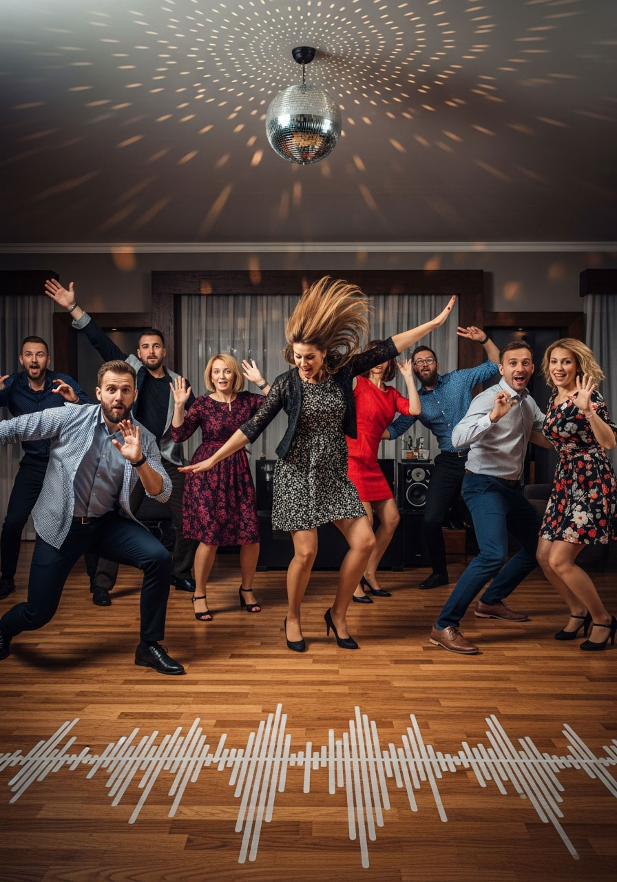 Adults frozen mid-dance move during freeze dance game at energetic 30th birthday party