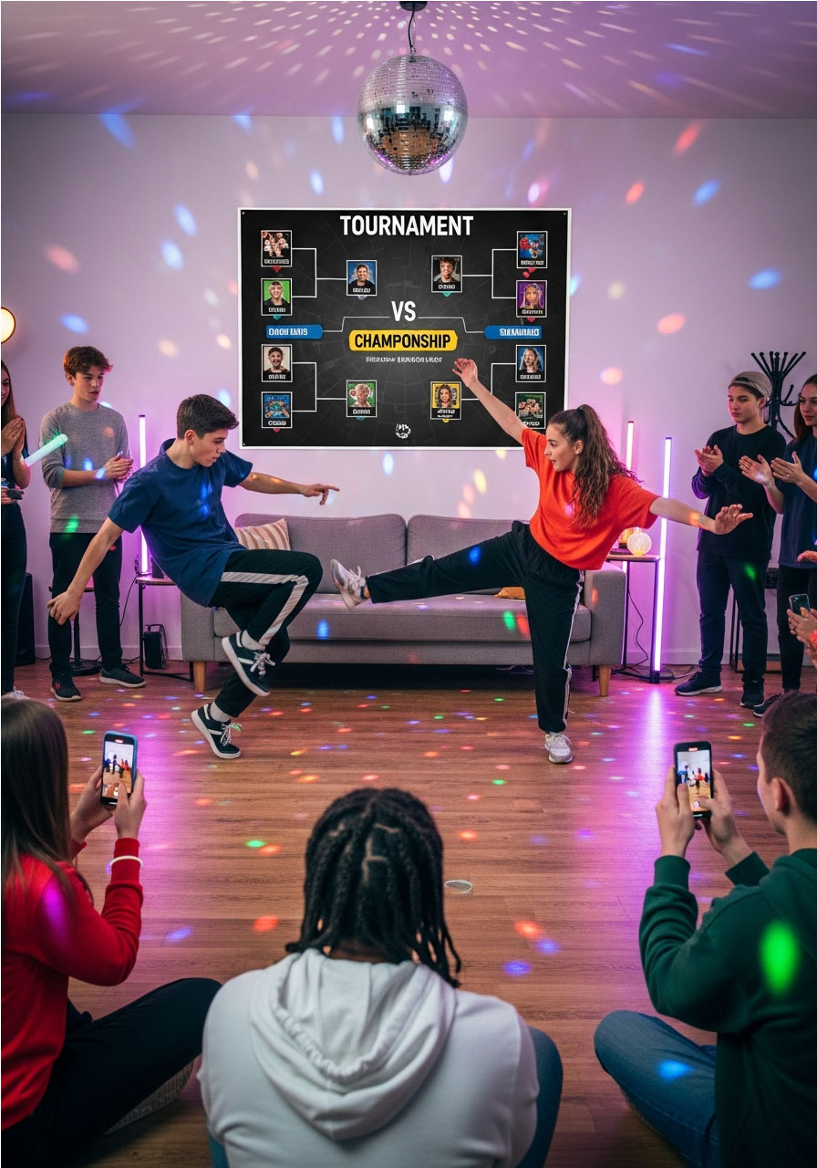 Two teens competing in final dance battle with tournament bracket visible at Sweet 16 championship