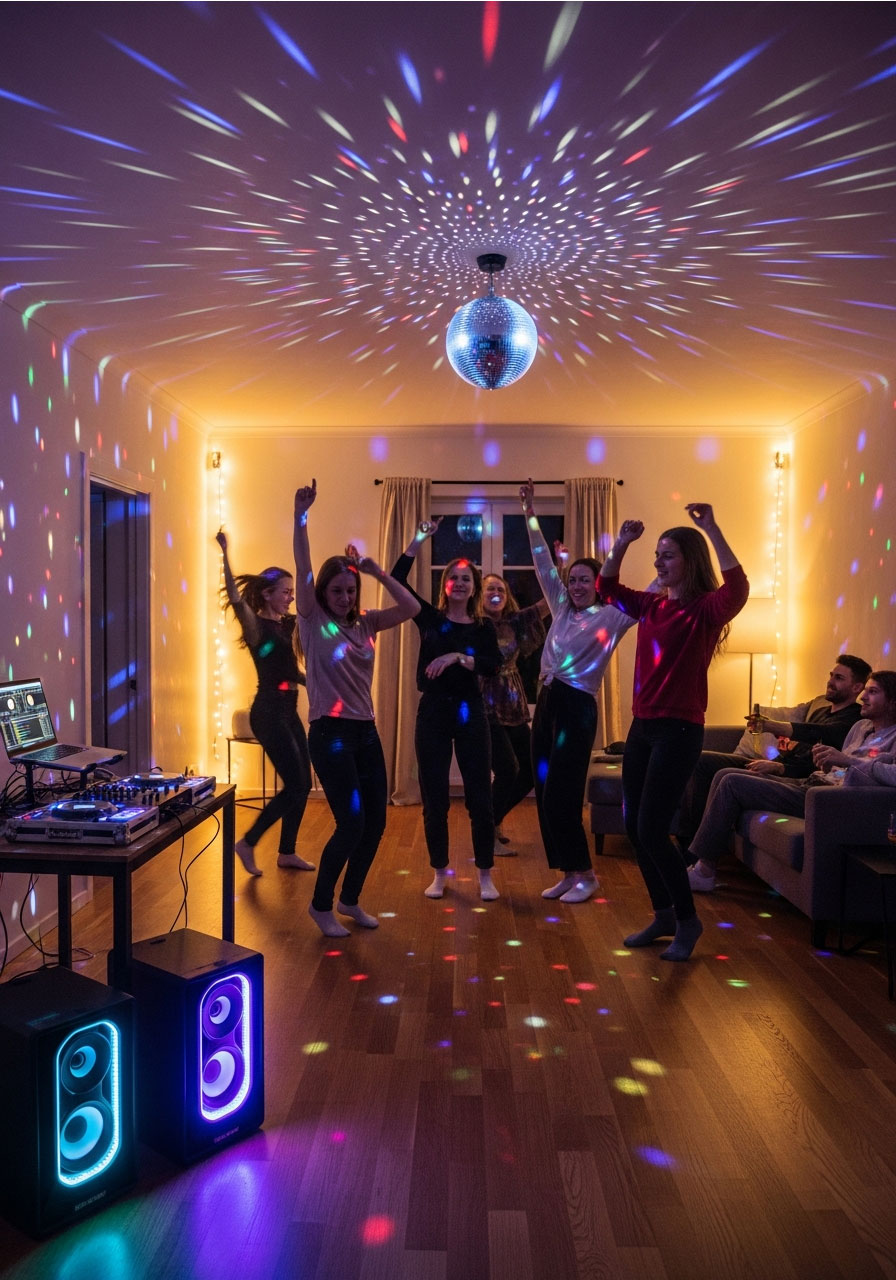 High-energy dance party birthday celebration with disco ball, DJ setup, LED lights, and guests dancing with raised arms in transformed living room