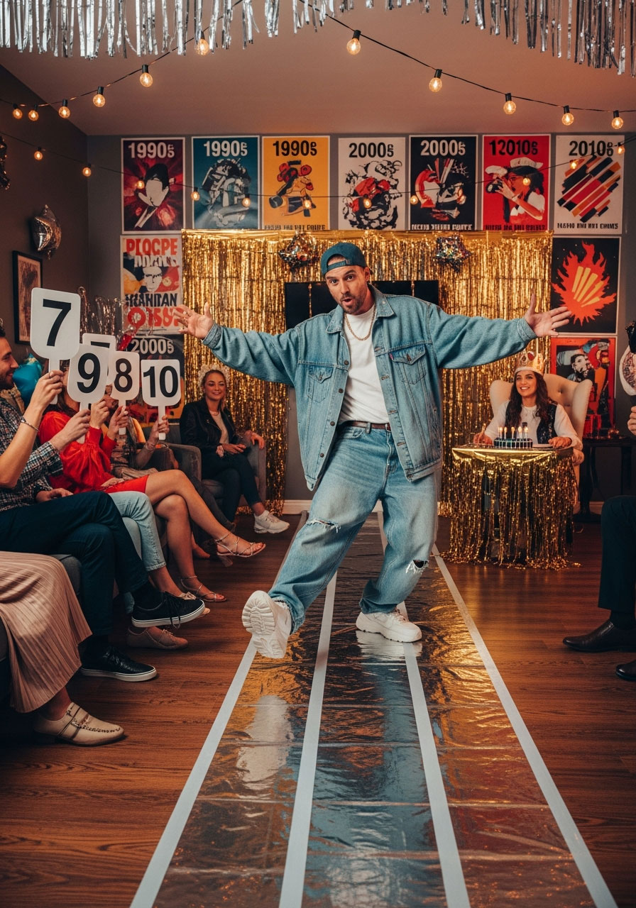 Man modeling 1990s costume on runway at 30th birthday decades costume contest game