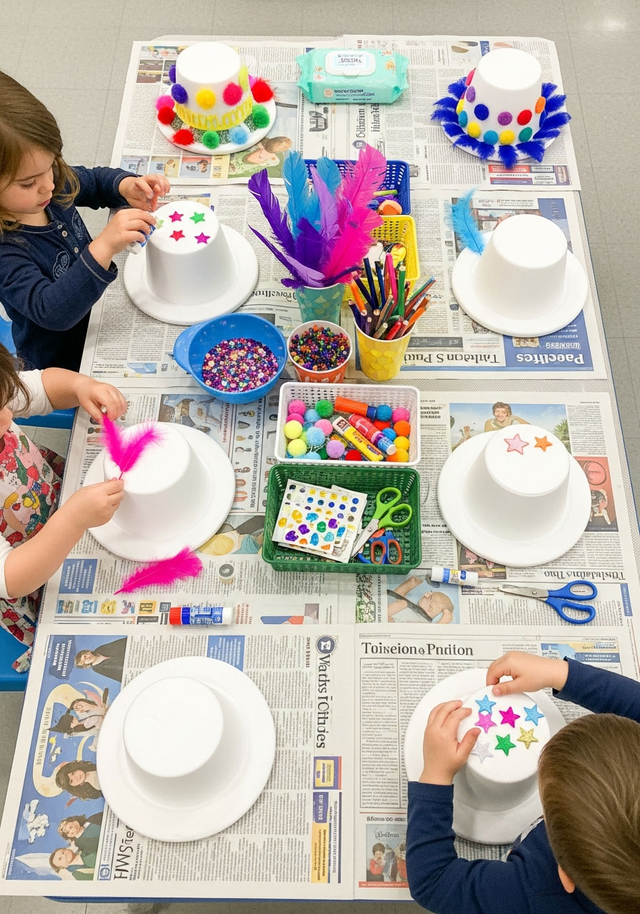 Toddlers decorating party hats with feathers and stickers at birthday craft activity station