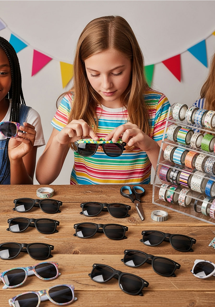Tweens decorating dollar store sunglasses with colorful washi tape at birthday party craft station