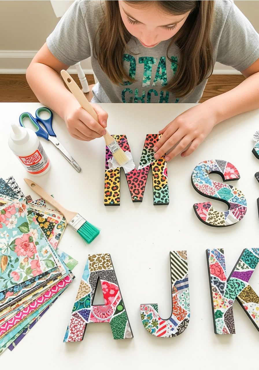 Tween creating decoupage monogram letter with colorful scrapbook paper at birthday party craft table
