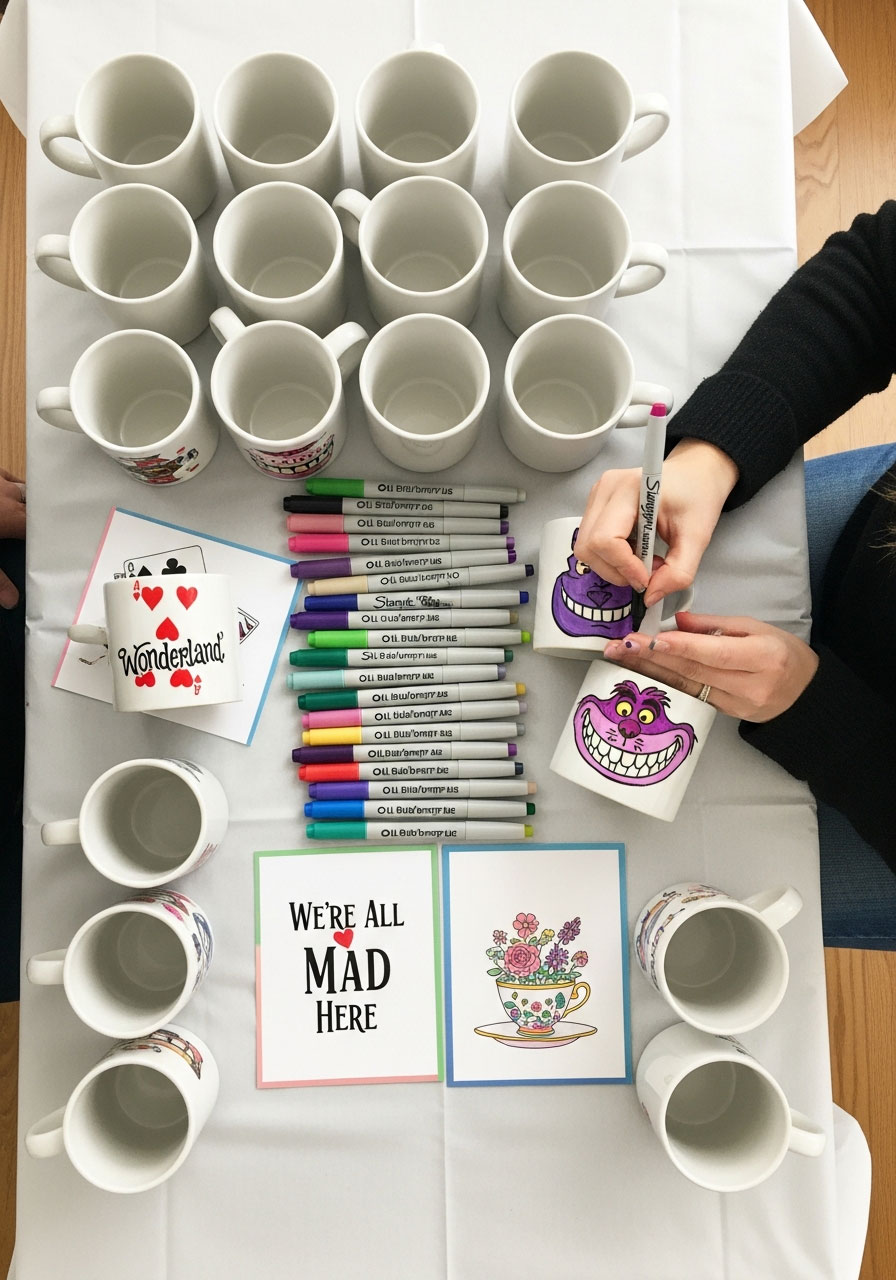 Design your own mug activity station with white ceramic mugs and Sharpie markers at Alice in Wonderland birthday party