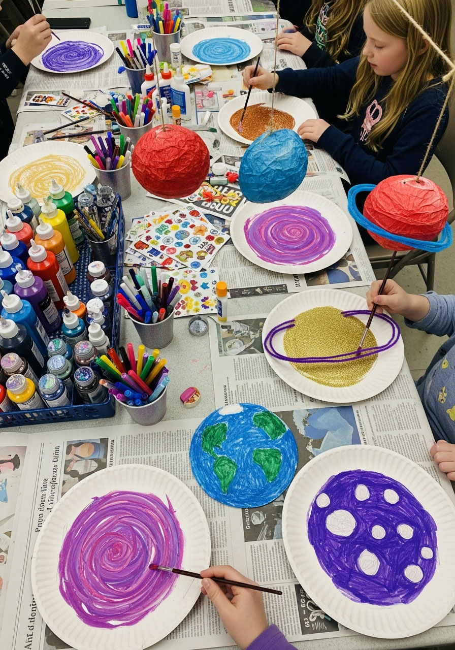 Children painting and decorating paper plate planets with glitter and markers at craft table during space birthday party