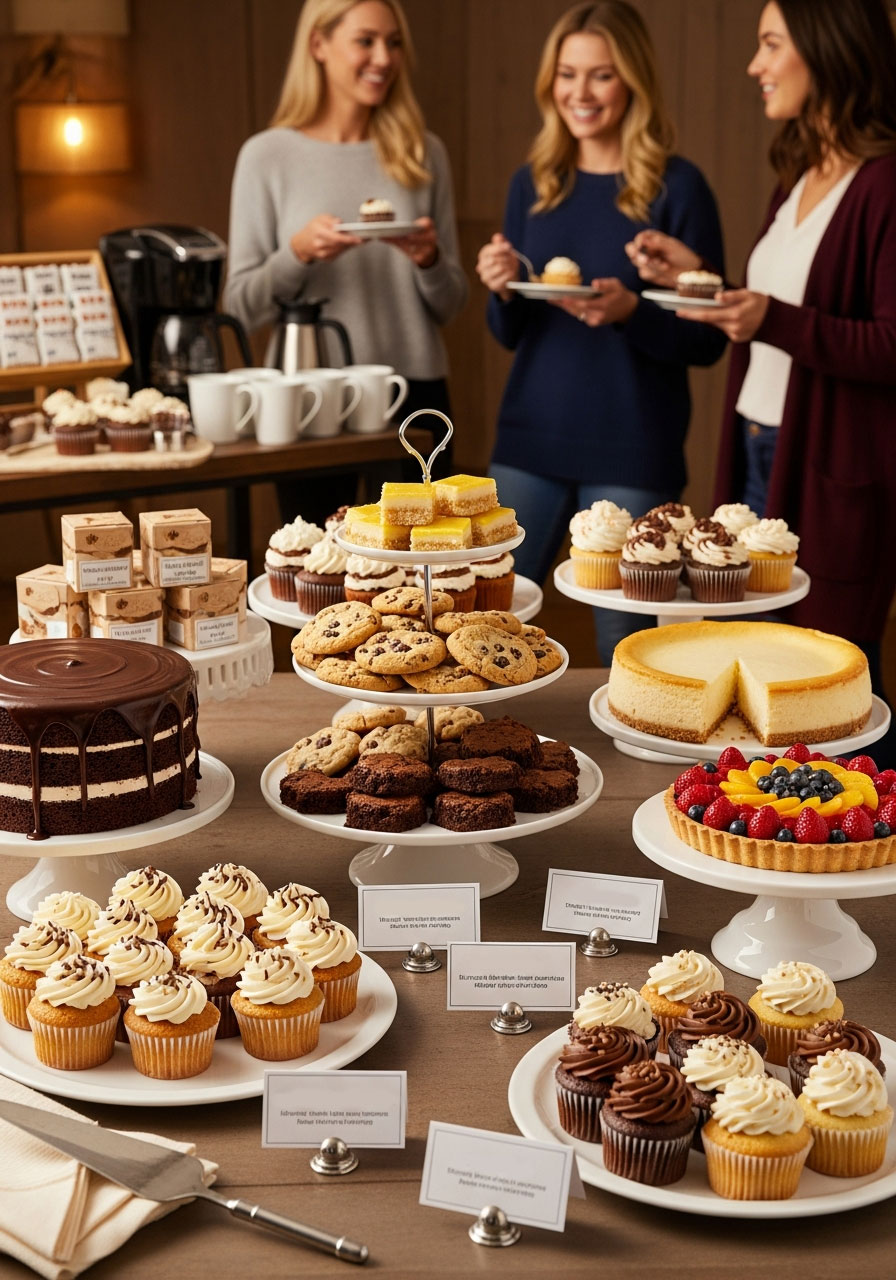 Elaborate dessert swap party display featuring multiple homemade desserts on varied cake stands with labels and take-home boxes for birthday celebration