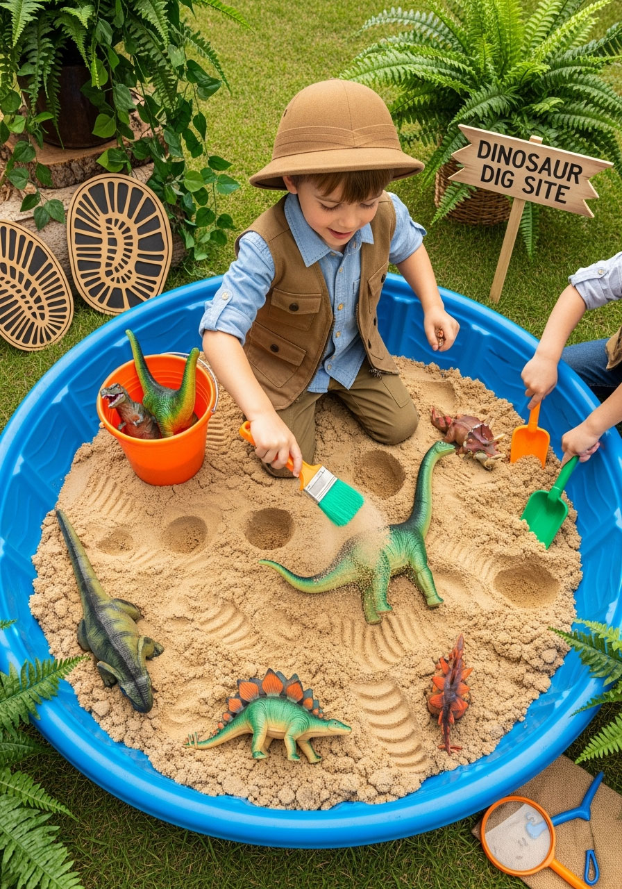 Children excavating toy dinosaurs from sand at dinosaur dig outdoor birthday party with shovels and brushes