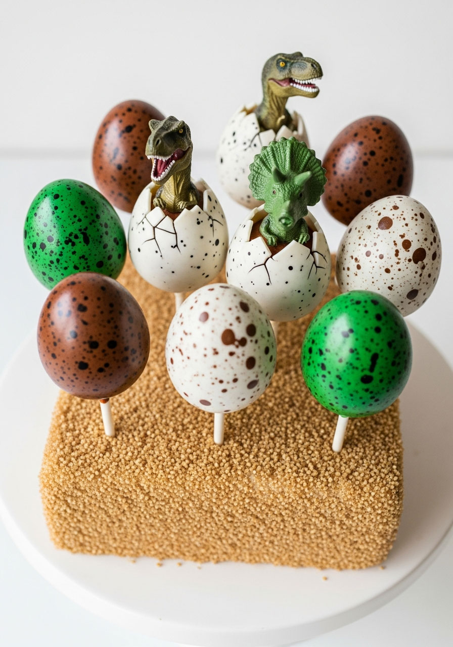 Dinosaur egg cake pops with speckled coating and some hatching with dinosaur heads emerging