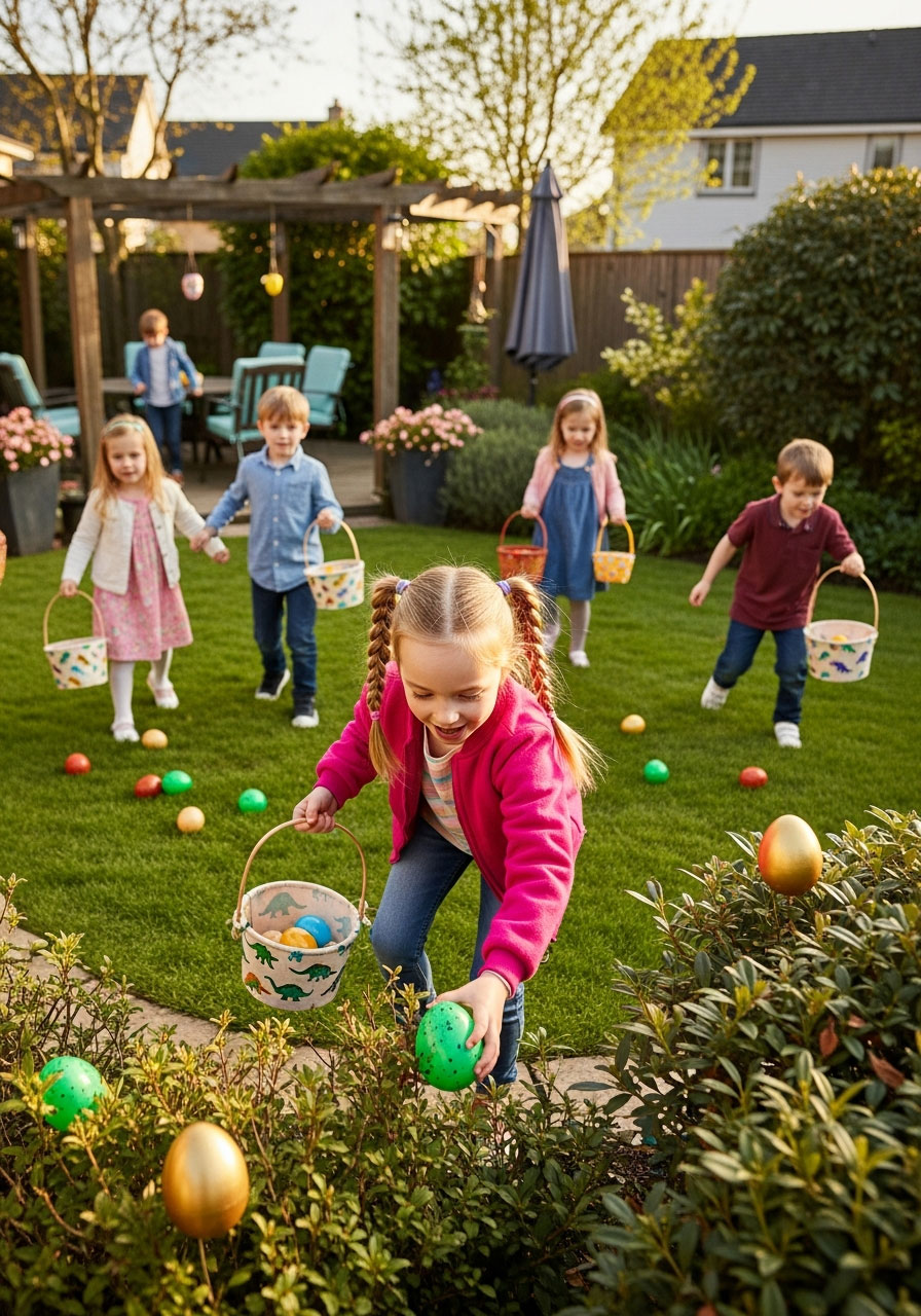 Dinosaur egg hunt party game with children searching for hidden eggs in backyard setting